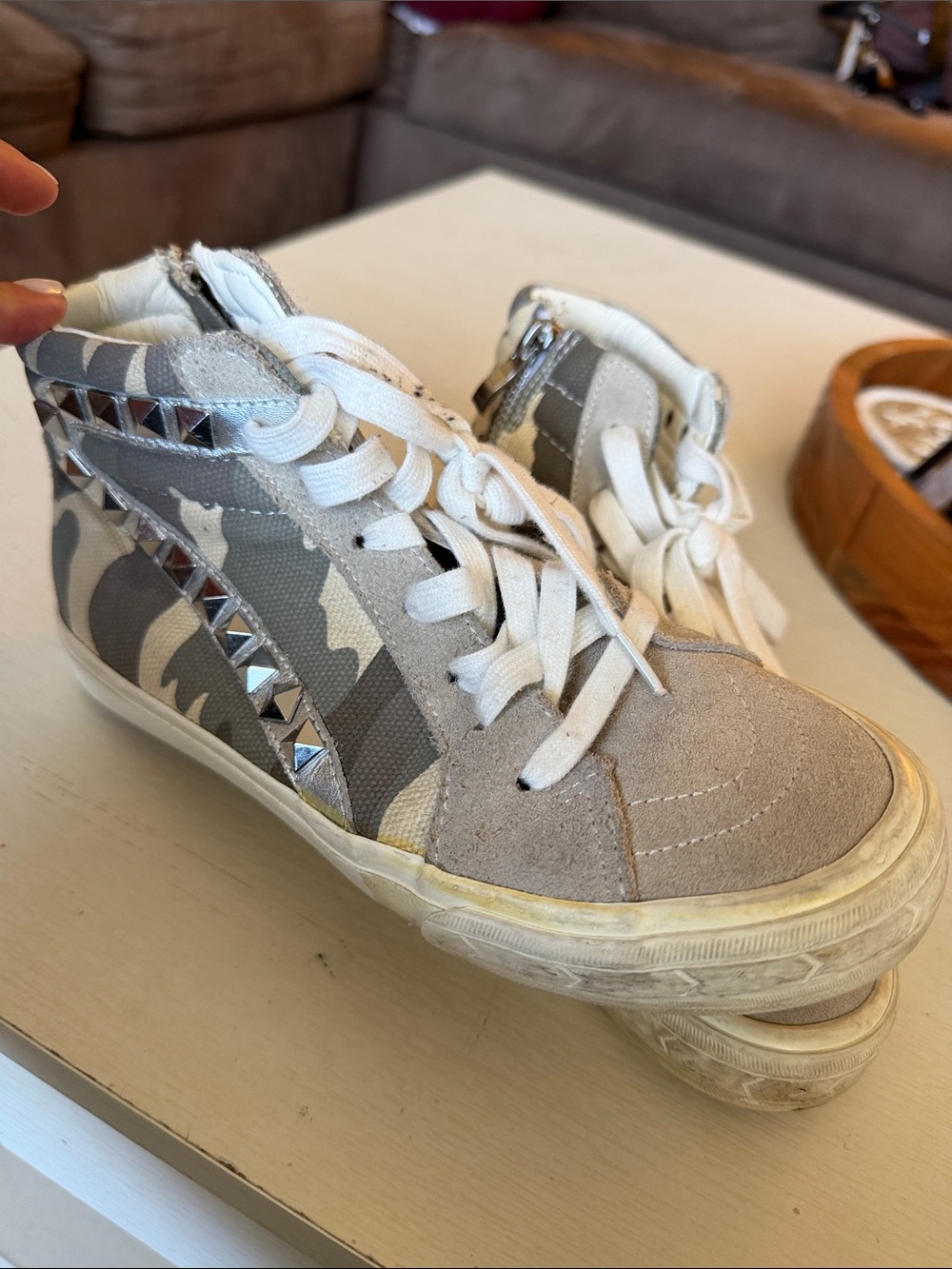 Steve Madden Beige and Gray Camo High-Top Sneakers with Silver Studs